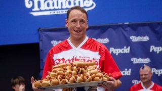 World Champion Joey Chestnut during the weigh-in ceremony ahead of the 2023 Nathan’s Famous Fourth of July International Hot Dog Eating Contest in Coney Island in Brooklyn, New York, on July 3, 2023.