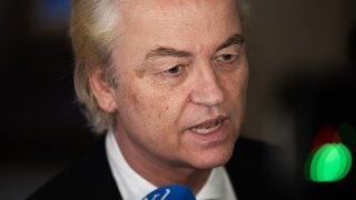 The Netherlands far-right PVV Freedom Party leader Geert Wilders speaks to the media representatives following the European Parliament elections provisional results in The Hague on June 6, 2024. 