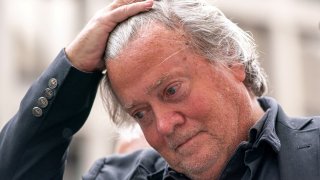 Former White House chief strategist Stephen Bannon gestures as he speaks to members of the media while leaving the federal courthouse after a judge ordered him to surrender by July 1 to begin serving his four-month prison term, in Washington on June 6, 2024.