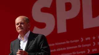 Olaf Scholz, German chancellor, is speaking during the last rally for SPD before the Europa election 2024 at Koenig Heinrich square in Duisburg, Germany, on June 8, 2024.