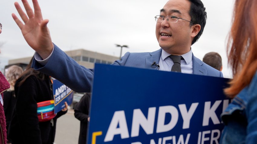 FILE — Rep. Andy Kim greets supporters outside the Bergen County Democratic convention in Paramus, N.J., March 4, 2024. Democratic voters are deciding between Rep. Andy Kim, labor leader Patricia Campos-Medina and longtime grassroots organizer Lawrence Hamm.