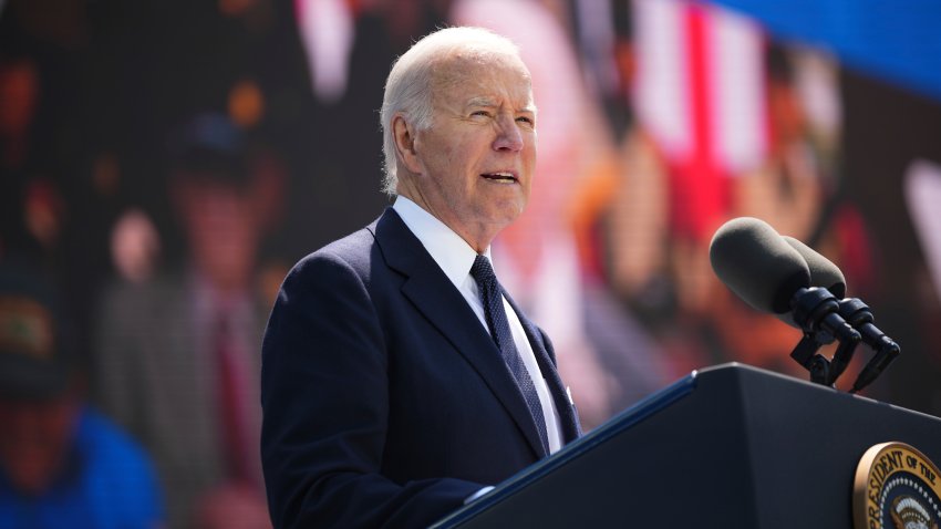 President Joe Biden delivers a speech during a commemorative ceremony to mark D-Day 80th anniversary, Thursday, June 6, 2024 at the US cemetery in Colleville-sur-Mer, Normandy.