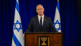 Benny Gantz, a centrist member of Israel's three-member War Cabinet delivers a statement in Ramat Gan, Israel, Sunday, June 9, 2024.