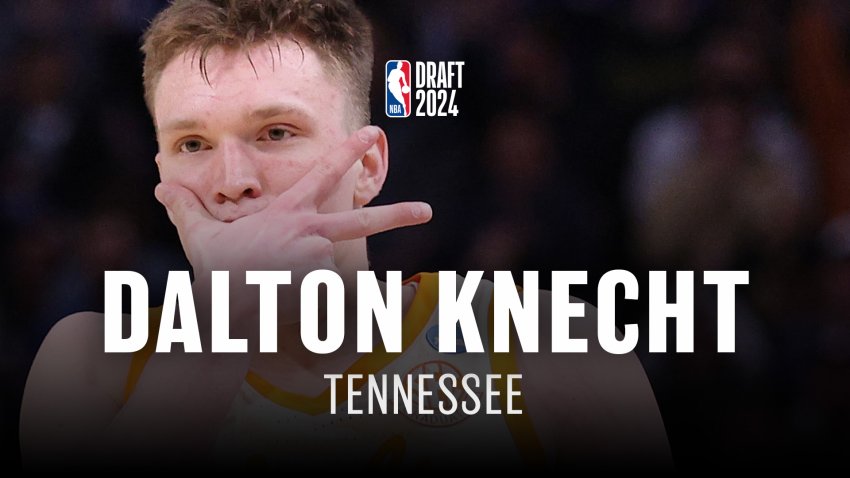 Dalton Knecht holds up three fingers in front of his mouth. Text overlay reads, NBA Draft 2024, Dalton Knecht, Tennessee