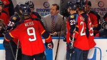 SUNRISE, FL - APRIL 26: Head coach Kevin Dineen of the Florida Panthers talks to the players during a time out against the New Jersey Devils in Game Seven of the Eastern Conference Quarterfinals during the 2012 NHL Stanley Cup Playoffs at the BankAtlantic Center on April 26, 2012  in Sunrise, Florida. The Devils defeated the Panthers 3-2 in double overtime. (Photo by Joel Auerbach/Getty Images)