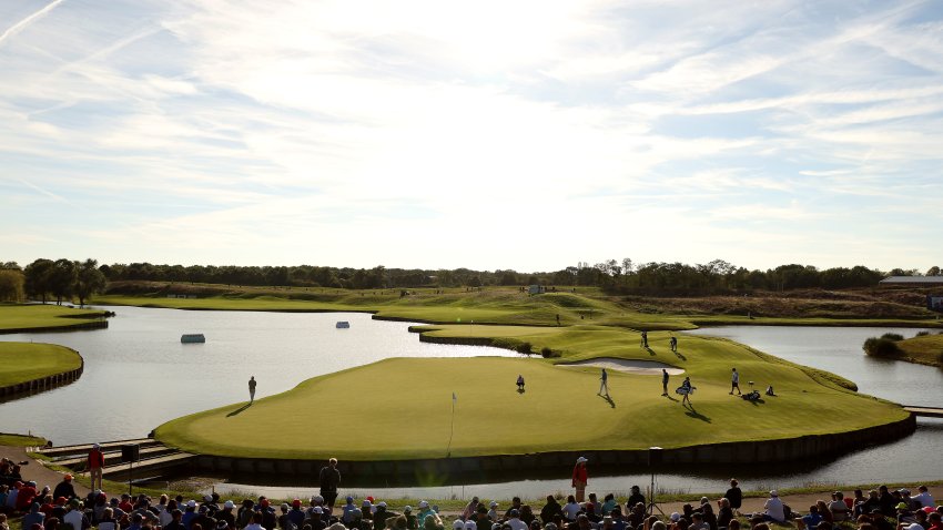 A wide view of the 18th green at Le Golf National