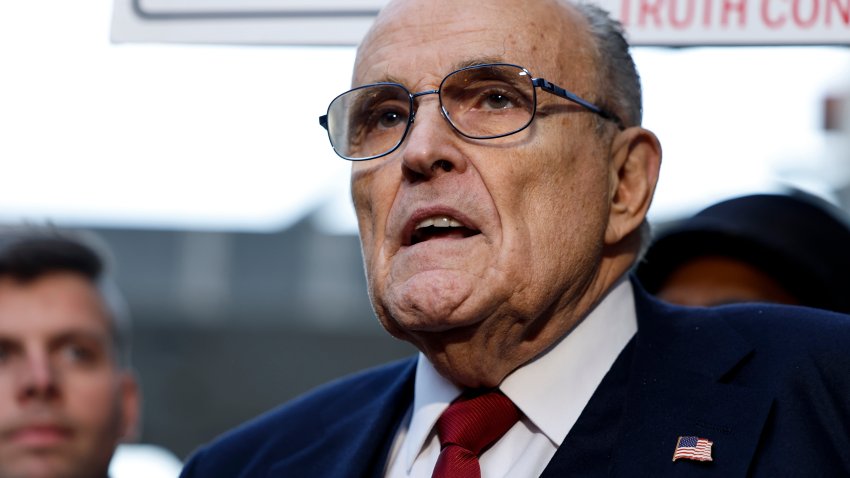 File photo: Rudy Giuliani, the former personal lawyer for former U.S. President Donald Trump, speaks with reporters outside of the E. Barrett Prettyman U.S. District Courthouse after a verdict was reached in his defamation jury trial on Dec. 15, 2023 in Washington, D.C. A jury ordered Giuliani to pay $148 million in damages to Fulton County election workers Ruby Freeman and Shaye Moss