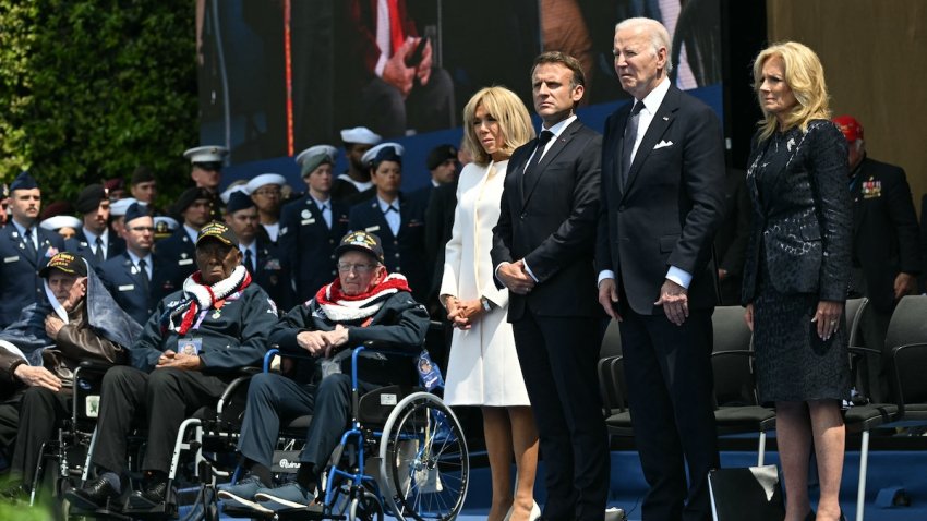 President Joe Biden (C), first lady Jill Biden (R), France’s President Emmanuel Macron (2nd L) and French President’s wife Brigitte Macron (L) stand to attention during the US ceremony marking the 80th anniversary of the World War II “D-Day” Allied landings in Normandy, at the Normandy American Cemetery and Memorial in Colleville-sur-Mer, which overlooks Omaha Beach in northwestern France, on June 6, 2024. The D-Day ceremonies on June 6 this year mark the 80th anniversary since the launch of ‘Operation Overlord’, a vast military operation by Allied forces in Normandy, which turned the tide of World War II, eventually leading to the liberation of occupied France and the end of the war against Nazi Germany.