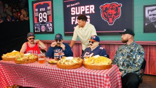 (L-R) Jason Sudeikis, Robert Smigel, Patrick Mahomes, George Wendt, and Travis Kelce perform onstage during 2024 Big Slick Celebrity Weekend