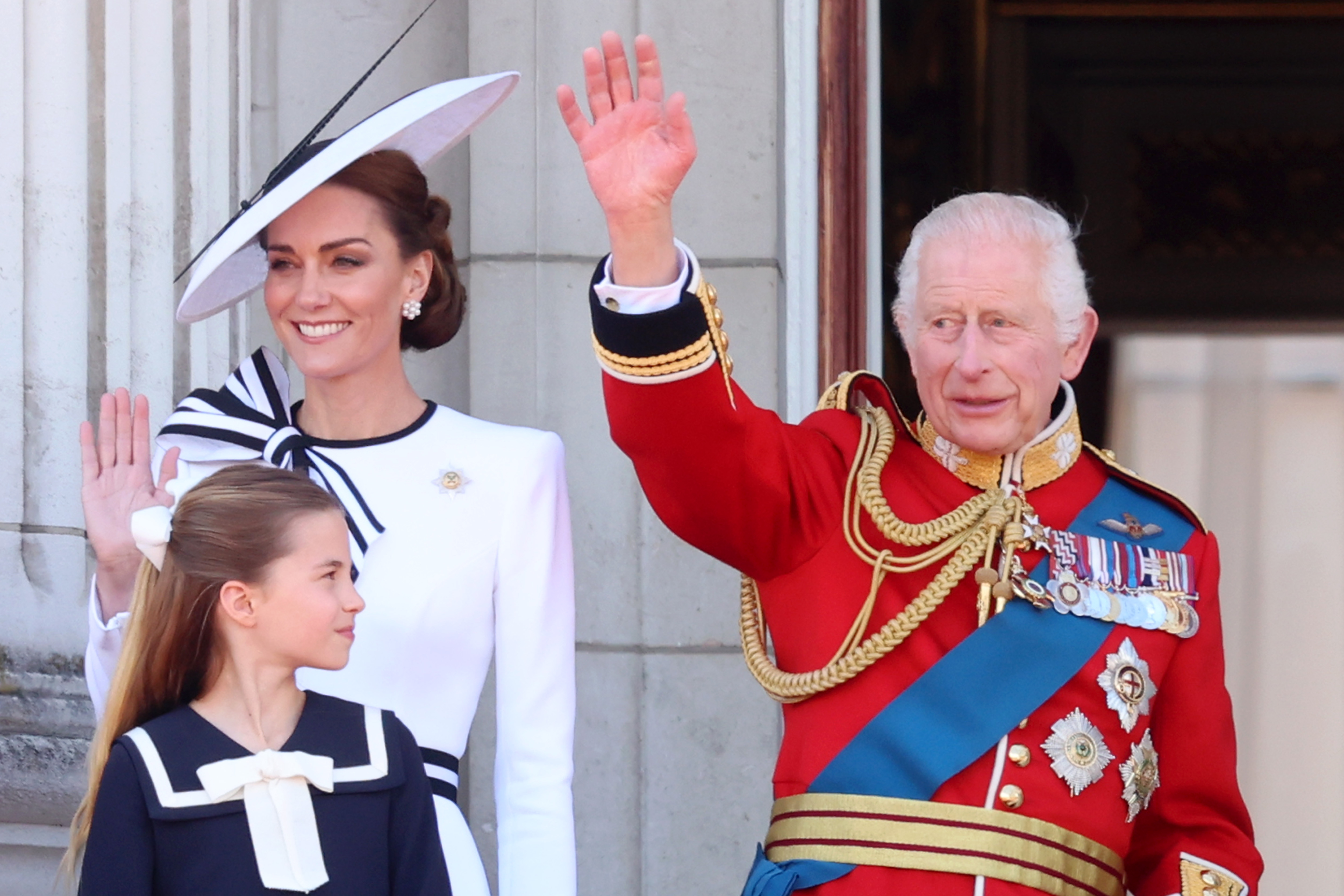 Catherine, Princess of Wales, Princess Charlotte of Wales and King Charles III during Trooping the Colour at Buckingham Palace on June 15, 2024 in London, England.