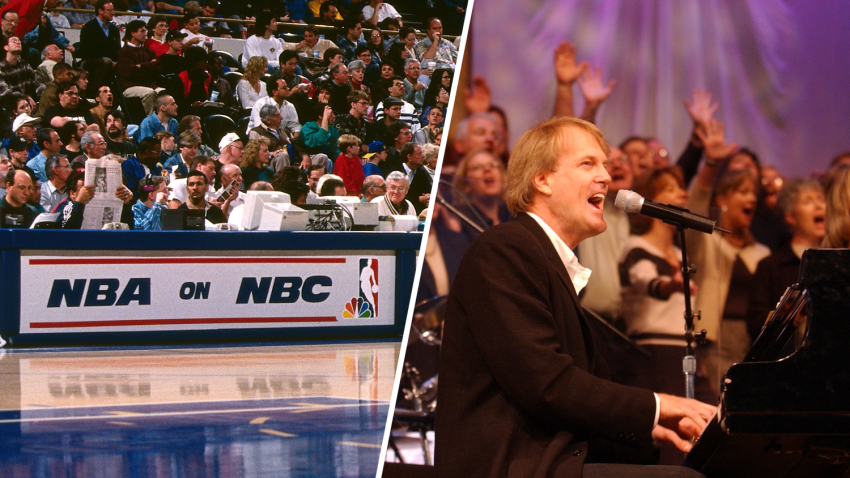 The NBA on NBC displayed on the scorers table (left) and John Tesh (right).