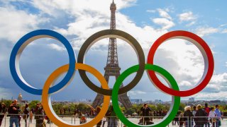 The Olympic Rings being placed in front of the Eiffel Tower in celebration of the French capital won the hosting right for the 2024 Summer Olympics.