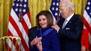 U.S. President Joe Biden presents the Presidential Medal of Freedom to U.S. Representative and former House Speaker Nancy Pelosi (D-CA) during a ceremony at the White House in Washington, U.S., May 3, 2024. 