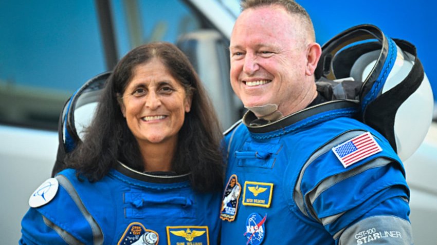 NASA astronauts Butch Wilmore (R) and Suni Williams, wearing Boeing spacesuits, depart the Neil A. Armstrong Operations and Checkout Building at Kennedy Space Center for Launch Complex 41 at Cape Canaveral Space Force Station in Florida to board the Boeing CST-100 Starliner spacecraft for the Crew Flight Test launch , on June 5, 2024. 