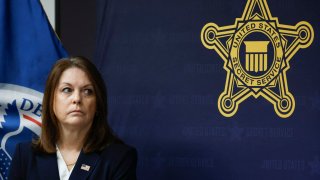 United States Secret Service Director Kimberly Cheatle looks on during a press conference at the Secret Service’s Chicago Field Office on June 4 2024 in Chicago, Illinois, ahead of the 2024 Democratic and Republican National Conventions. 