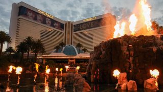 The volcano attraction in front of The Mirage Hotel & Casino erupts on July 16, 2024, in Las Vegas, Nevada. Hard Rock International (HRI) will close the resort on July 17, 2024, to begin a construction project to transform the property into the Hard Rock Hotel & Casino and Guitar Hotel Las Vegas by 2027. 