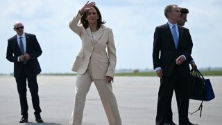 U.S. Vice President and Democratic presidential candidate Kamala Harris arrives at Indianapolis International Airport in Indianapolis, Indiana, U.S. on July 24, 2024. Harris is travelling to Indianapolis, Indiana, to deliver the keynote speech at Zeta Phi Beta Sorority, Inc.’s Grand Boule event. 