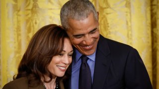 Former President Barack Obama hugs Vice President Kamala Harris during an event to mark the 2010 passage of the Affordable Care Act in the East Room of the White House on April 5, 2022 in Washington, DC. 