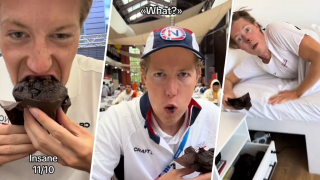 Norwegian swimmer Henrik Christiansen eating chocolate muffins at the Olympic Village at the Paris Olympics