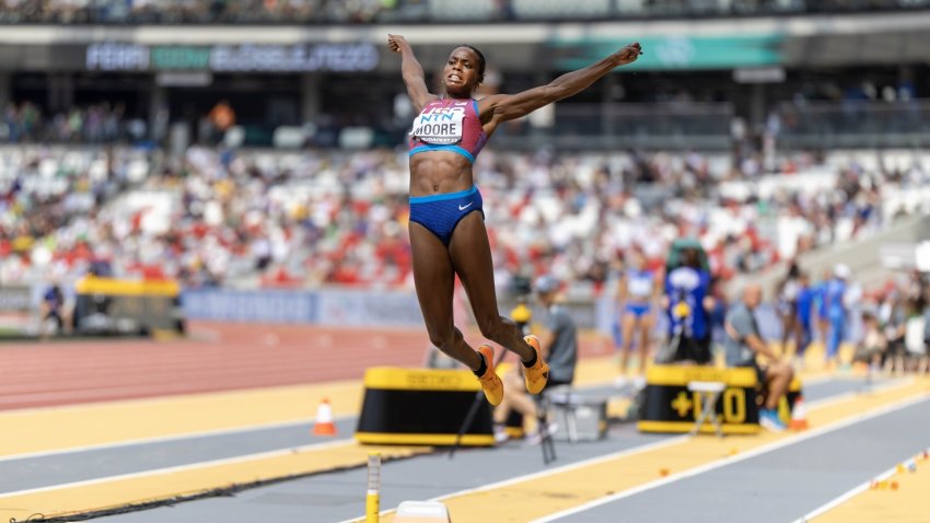 Jasmine Moore of the United States in action in Women's Long Jump qualification during the World Athletics Championships, at the National Athletics Centre on August 19th, 2023 in Budapest, Hungary.