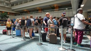 Passengers wait in line to go through TSA security screening at Orlando International Airport Wednesday, July 3, 2024, in Orlando, Fla.