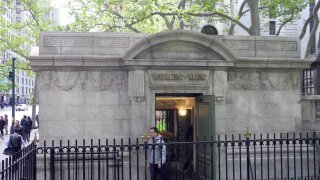 “Women – Men” written outside of the recently renovated public toilets at Bryan Park in Manhattan, New York, US, 10 May 2017. Visitors and neighbors of the park are marveled by the toilets, and the New York Times calls them the “Tiffany’s of public restrooms’.