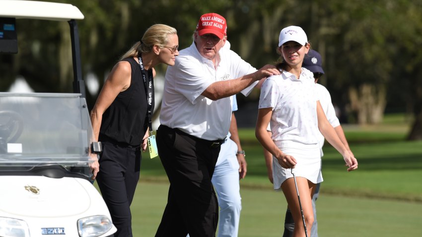 DORAL, FL – OCTOBER 27: Former President Donald Trump, center walks with his niece Kai Trump and her mom Vanessa Trump during the ProAm ahead of the LIV Golf Team Championship, on October. 27, 2022, at Trump National Doral Golf Club in Doral, FL. (Photo by Michele Eve Sandberg/Icon Sportswire via Getty Images)