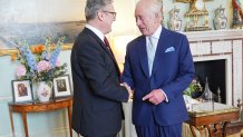 LONDON, ENGLAND - JULY 5: King Charles III welcomes Sir Keir Starmer during an audience at Buckingham Palace, where he invited the leader of the Labour Party to become Prime Minister and form a new government following the landslide General Election victory for the Labour Party, on July 5, 2024 in London, England. The Labour Party won a landslide victory in the 2024 general election, ending 14 years of Conservative government. (Photo by Yui Mok - WPA Pool/Getty Images)