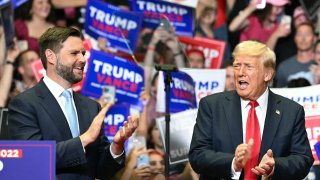 Former President and 2024 presidential nominee Donald Trump (R) with US Senator and vice presidential nominee JD Vance