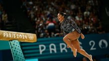 US' Jordan Chiles competes in the balance beam event of the artistic gymnastics women's qualification during the Paris 2024 Olympic Games at the Bercy Arena in Paris, on July 28, 2024.