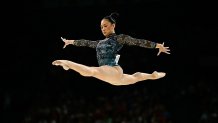 US' Sunisa Lee competes in the balance beam event of the artistic gymnastics women's qualification during the Paris 2024 Olympic Games at the Bercy Arena in Paris, on July 28, 2024.