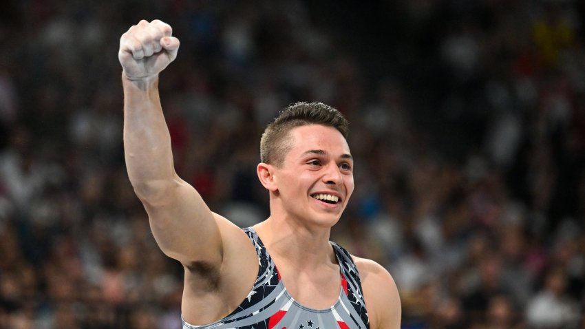 Paul Juda of Team USA celebrates after competing in the vault in the men's team final at the Gymnastics Bercy Arena during the 2024 Paris Summer Olympic Games in Paris, France. (Photo By David Fitzgerald/Sportsfile via Getty Images)