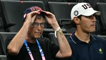 US businessman Bill Gates (L) waits for the start of the artistic gymnastics women's team final during the Paris 2024 Olympic Games at the Bercy Arena in Paris, on July 30, 2024. (Photo by Loic VENANCE / AFP) (Photo by LOIC VENANCE/AFP via Getty Images)