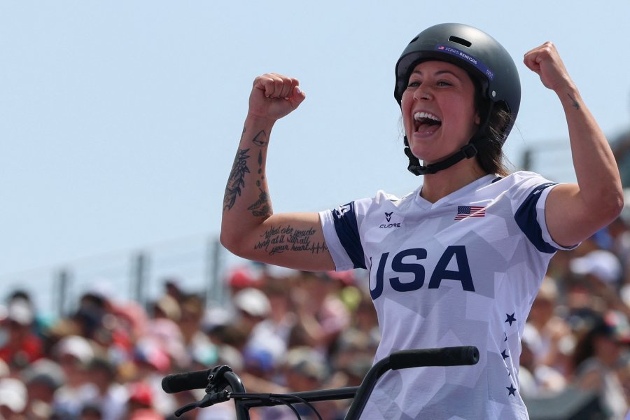 US' Perris Benegas reacts during the Women's Cycling BMX Freestyle Park Final during the Paris 2024 Olympic Games in Paris, on July 31, 2024