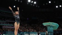 PARIS, FRANCE - JULY 28: Jade Carey of Team United States reacts after competing on the vault during the Artistic Gymnastics Women's Qualification on day two of the Olympic Games Paris 2024 at Bercy Arena on July 28, 2024 in Paris, France. (Photo by Jamie Squire/Getty Images)