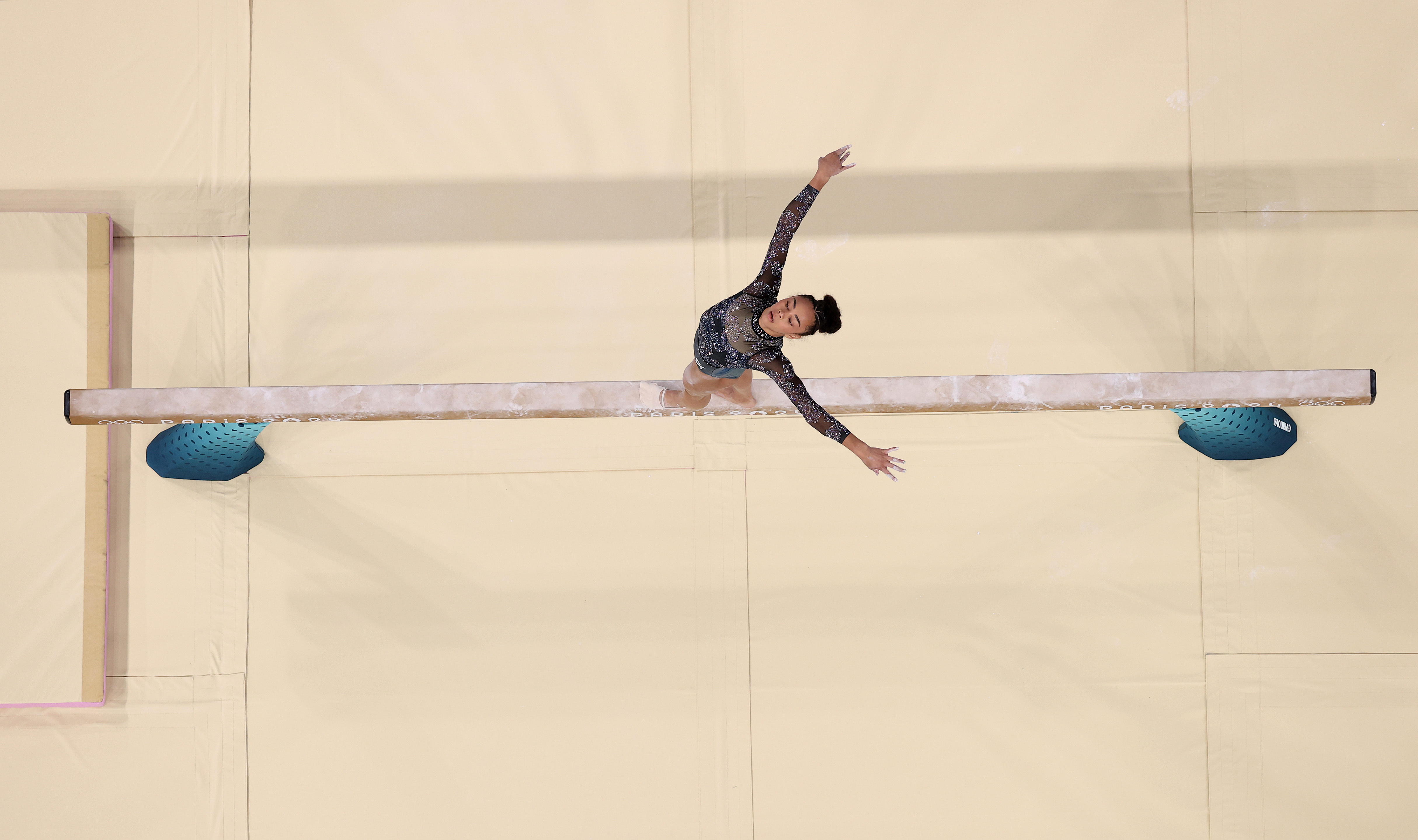 Hezly Rivera of Team United States competes on the balance beam during the Artistic Gymnastics Women's Qualification on day two of the Olympic Games Paris 2024 at Bercy Arena on July 28, 2024 in Paris, France. (Photo by Jamie Squire/Getty Images)