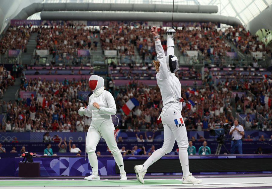 Auriance Mallo-Breton reacts during the Women's Epee Team Semifinal 2 between Team Poland and Team France