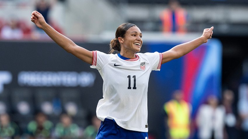 HARRISON, NEW JERSEY, UNITED STATES – 2024/07/13: Sophia Smith (11) of USWNT (United State Women National Team) celebrates scoring goal during the pre-Olympic friendly match between Mexico and USWNT at Red Bull Arena. USWNT wins 1 – 0. (Photo by Lev Radin/Pacific Press/LightRocket via Getty Images)