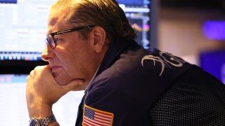 Traders work on the floor of the New York Stock Exchange during morning trading on August 31, 2023 in New York City.