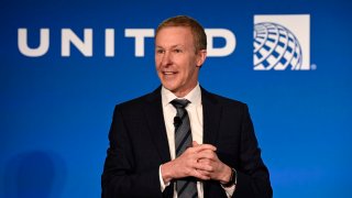 United Airlines CEO Scott Kirby celebrates the opening of a new addition to its Flight Training Center in Denver, Colorado, on Feb. 22, 2024.