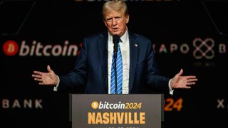 Former President and 2024 Republican presidential candidate Donald Trump gestures while giving a keynote speech on the third day of the Bitcoin 2024 conference in Nashville, Tennessee on July 27, 2024.