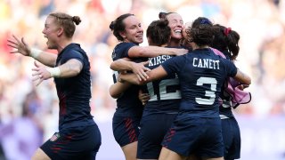 Players of Team United States celebrate following victory during the Women’s Rugby Sevens Bronze medal match between Team United States and Team Australia on day four of the Olympic Games Paris 2024 at Stade de France on July 30, 2024 in Paris, France. 