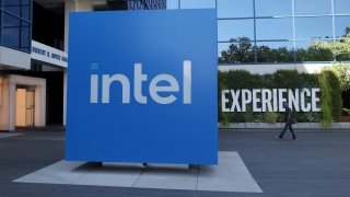 A sign is posted in front of Intel headquarters on August 01, 2024 in Santa Clara, California. 