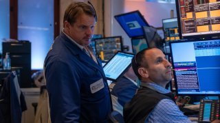 Traders work on the New York Stock Exchange (NYSE) floor on August 08, 2024 in New York City. 