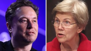 X owner Elon Musk (L), and Sen. Elizabeth Warren (D-MA).