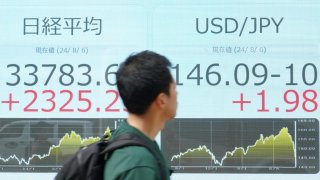 A man walks in front of an electronic quotation boards displaying the share price on the Tokyo Stock Exchange (L) and the foreign exchange rate for the Japanese yen against the US dollar (R) in Tokyo on August 6, 2024.