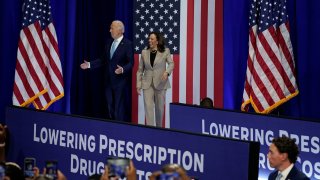 U.S. President Joe Biden and Vice President Kamala Harris walk out together, at an event on Medicare drug price negotiations, in Prince George’s County, Maryland, U.S., August 15, 2024. 