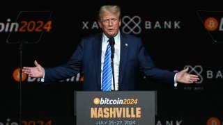 Republican presidential nominee and former U.S. President Donald Trump gestures at the Bitcoin 2024 event in Nashville, Tennessee, U.S., July 27, 2024. 