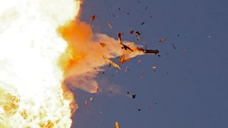 This photo taken from a position in northern Israel shows a Hezbollah UAV intercepted by Israeli air forces over north Israel on August 25, 2024. The Israeli military announced early August 25, 2024 that it was conducting pre-emptive strikes in Lebanon after detecting preparations for “large-scale” attacks by the Iran-backed militant group Hezbollah. Hezbollah said it had launched more than 320 rockets at Israel overnight, targeting a string of military positions, even as Israel’s military said it was carrying out pre-emptive strikes against the group. 