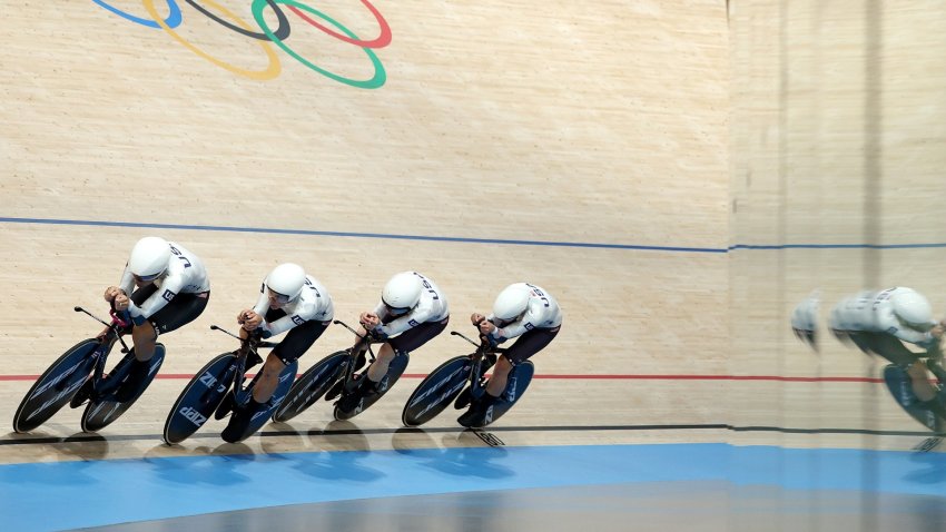 US women's team pursuit team in velodrome